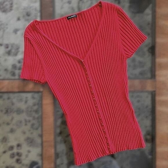 Vtg 90s Planet red rib knit fitted V-neck short sleeve cardigan - Picture 3 of 13